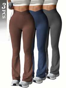 SHEIN Velisys 3件套无缝女士运动裤套装，深灰色、深棕色、藏蓝色 - 彩色 - 查看 3