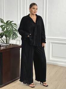 Truni Trang phục mùa thu cho nữ, bộ 2 món cỡ lớn màu trơn tay dài chất liệu vải có họa tiết, áo và quần dáng rộng thoải mái. - màu đen - Xem 5