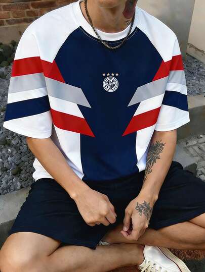 Manfinity Roghcode Manfinity Sporsity Colorblock Geometric Print Short Sleeve Sporty Casual Tee Soccer Jerseys For Men Soccer Jersey Soccer Shirt Football Shirt