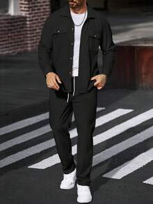 Manfinity Homme 2pcs Men's Corduroy Work Shirt Set - Black - View 6