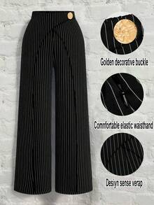 DreamSkyne Plus Size Women Striped Overlap Waist Exaggerated Metal Buckle Decor Elastic Waist Loose Wide Leg Pants, Casual Versatile Design For Daily Wear And Commuting Stripe Pants Palazzo Pants Women - Black - View 1
