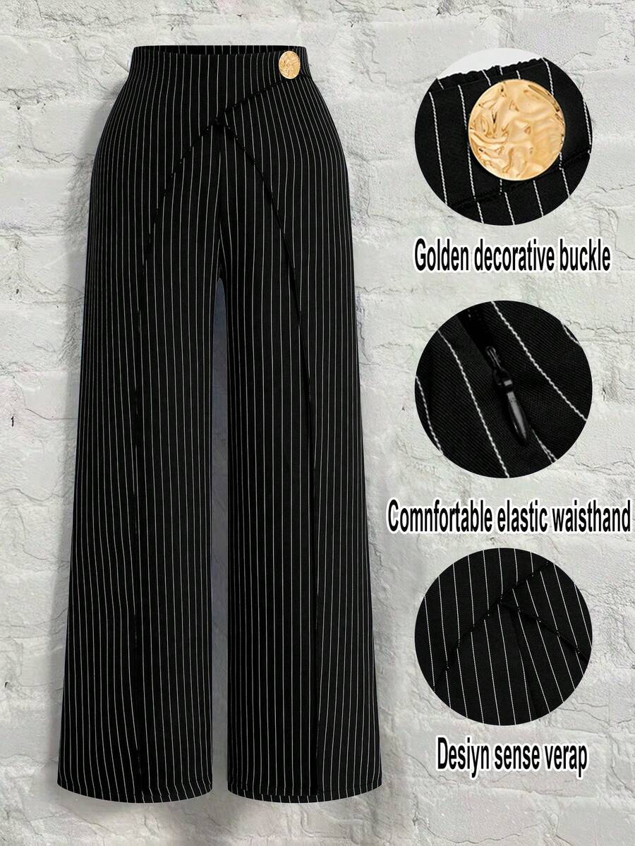 DreamSkyne Plus Size Women Striped Overlap Waist Exaggerated Metal Buckle Decor Elastic Waist Loose Wide Leg Pants, Casual Versatile Design For Daily Wear And Commuting Stripe Pants Palazzo Pants Women - Black - View 1