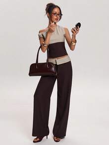 SHEIN BAE 女士腰部条纹拼接阔腿宽松休闲裤 - 咖啡棕 - 查看 1