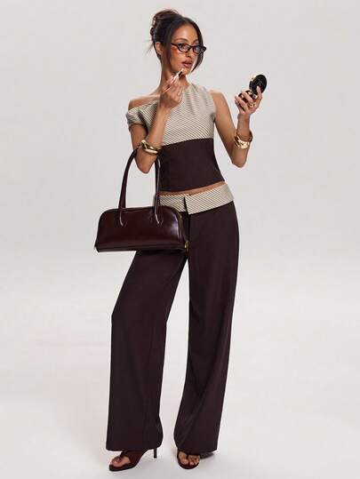 SHEIN BAE 女士腰部条纹拼接阔腿宽松休闲裤