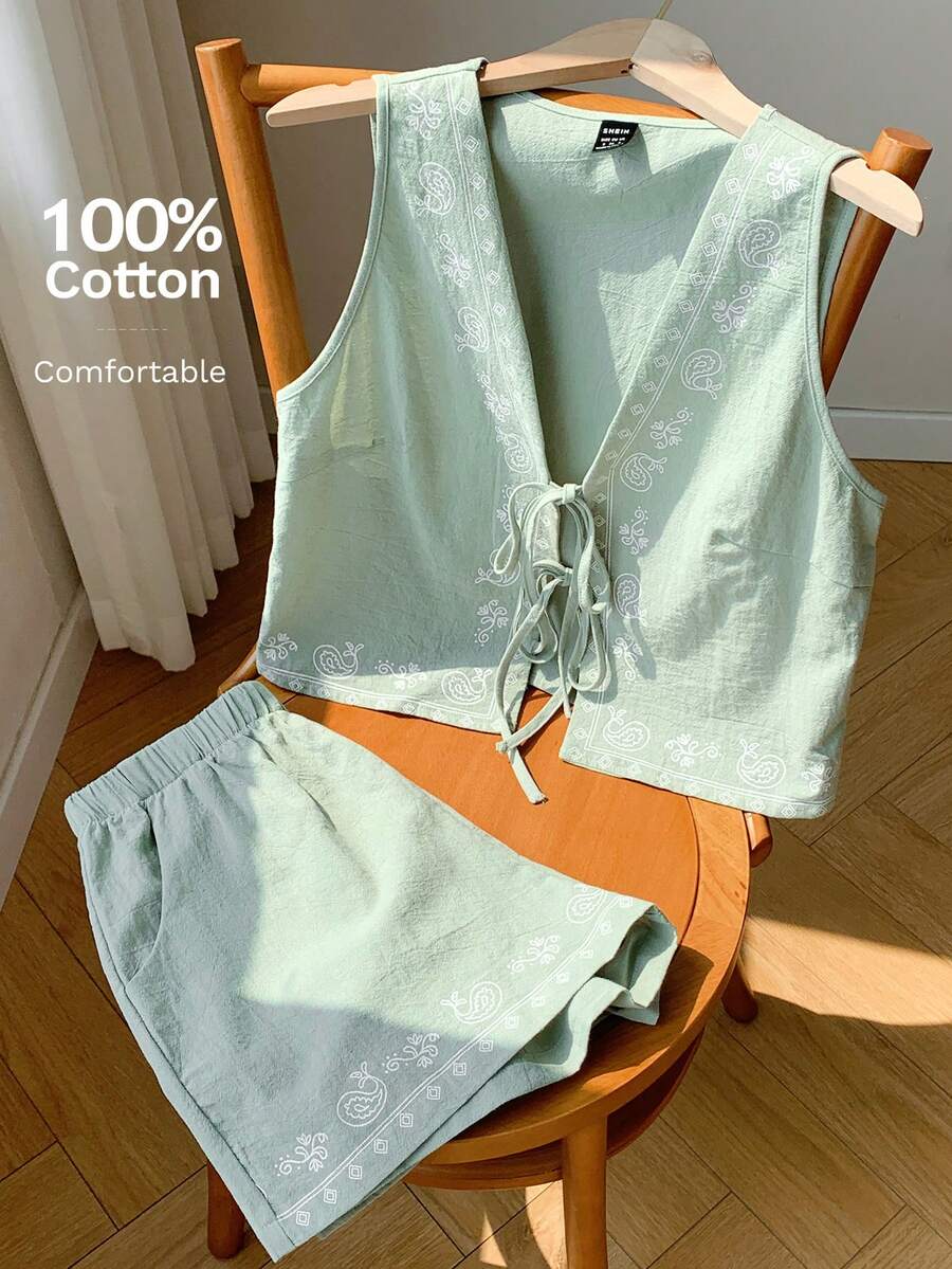 Comfortcana 波西米亚度假水绿色梭织印花两件套，夏季 - 薄荷綠 - 查看 1