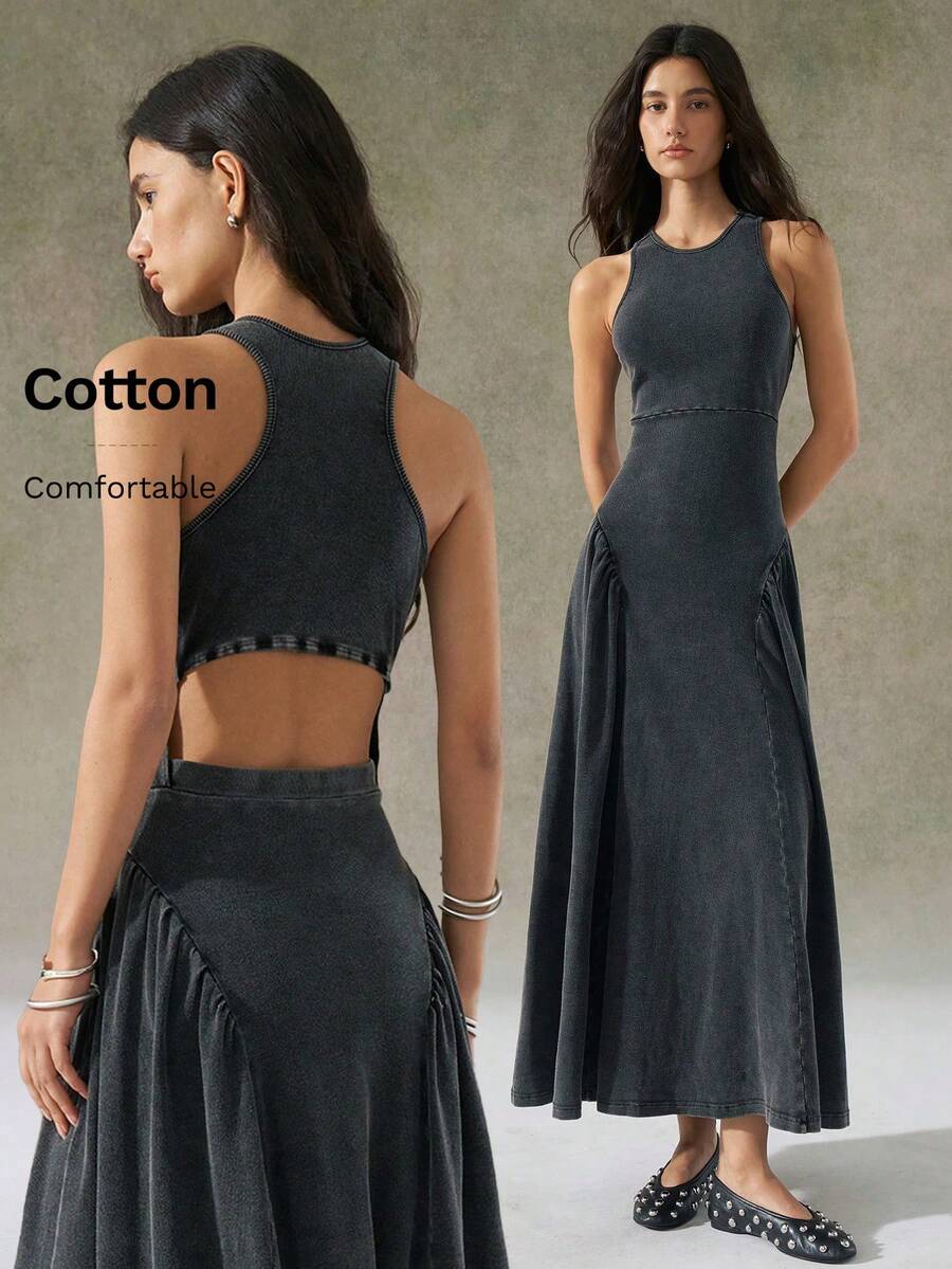 LYSMO 2025 New Arrival Women's Black Distressed Wash Backless Design Dress - Black - View 1