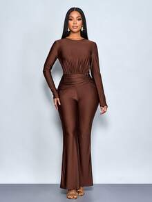 SOLERSUN Tuta intera da donna a maniche lunghe con collo rotondo, vita arricciata e gamba ampia, in colore unito - Caffè Marrone - Visualizzare 8