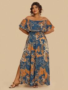 Travachic Plus Size Bohemian Paisley Print Off Shoulder Ruffle Hem Maxi Dress, Casual Holiday Style For Women, Autumn - Multicolor - View 4