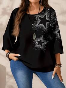 EMERY ROSE 大码女式休闲星形波点印花宽松圆领七分袖衬衫，黑色 - 彩色 - 查看 6