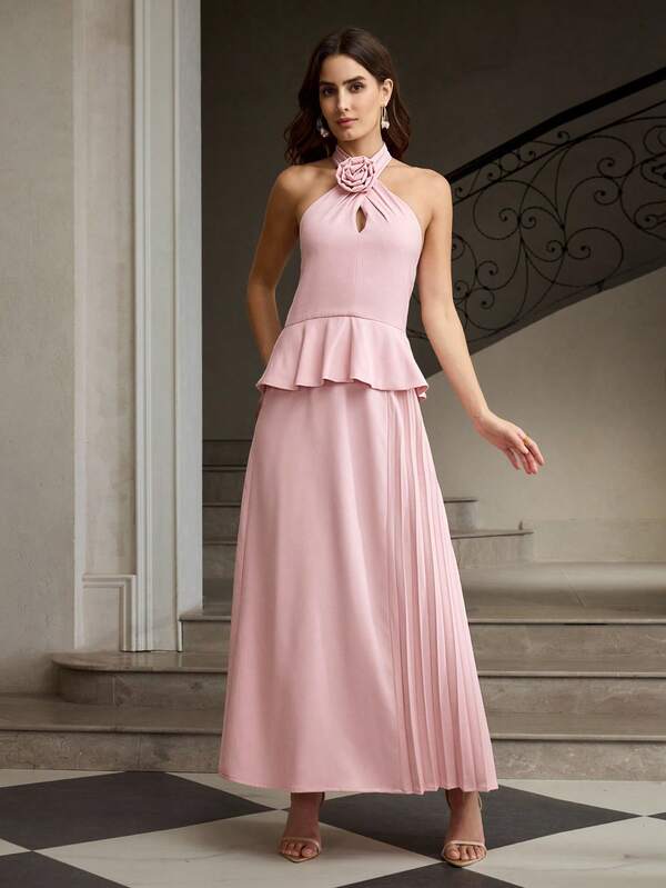 ZEYLAH Fashionable & Elegant Women's Solid Color 3D Floral Decor Halter Midi Dress