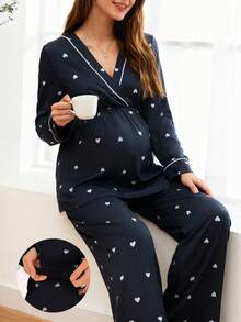 Moonlight&Mama 2pcs Heart Print Trim Nursing Maternity Long Sleeve Pajama Set