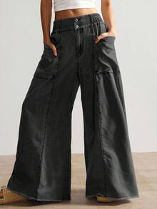 Bohemela Women's Casual Solid Color Woven Loose Wide Leg Pants - Black - View 2