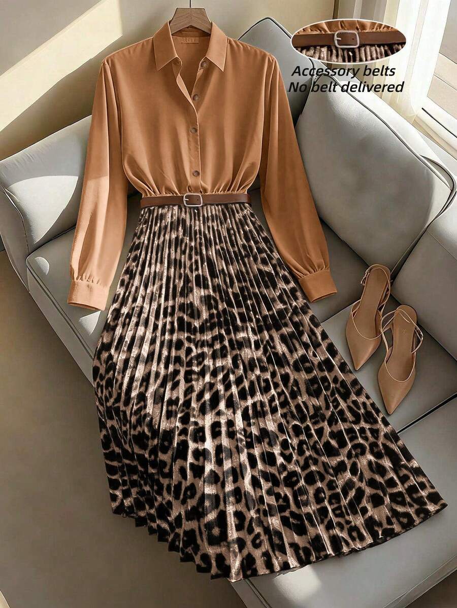 Franclia Đầm xòe xếp ly dáng ôm thanh lịch, thắt eo, họa tiết da báo, thích hợp cho công sở và đi làm. - Cà phê nâu - Xem 1