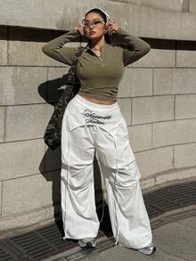 Muchica Pantalones anchos casuales de talla grande para mujer con cintura elástica, estampado de letras y parches, versátiles para vacaciones y viajes - Blanco - Ver 6