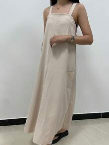 SHEIN LUNE Women's Summer Solid Color Simple And Casual Spaghetti Strap Dress - Khaki - View 4