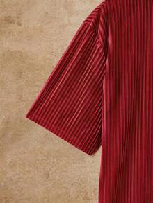 EASEVO 加大码男士休闲条纹短袖衬衫，夏季男士衬衫，红色男士高档衬衫，男士夏季纽扣衬衫 - 紅色 - 查看 6