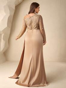 Coutiva Plus Size Elegant Gold Spring Prom Dress,Long Sleeves Asymmetrical Collar Embroidered Pearl Rhinestones Satin Mermaid Skirt Side Drape Event Gown - Champagne - View 3