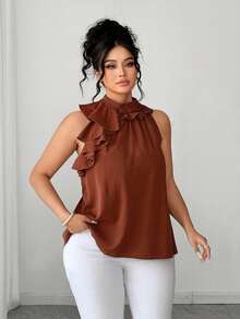 Elenzga Blusa elegante de cuello halter con volantes y unicolor para mujer de talla grande - Marrón - Ver 3