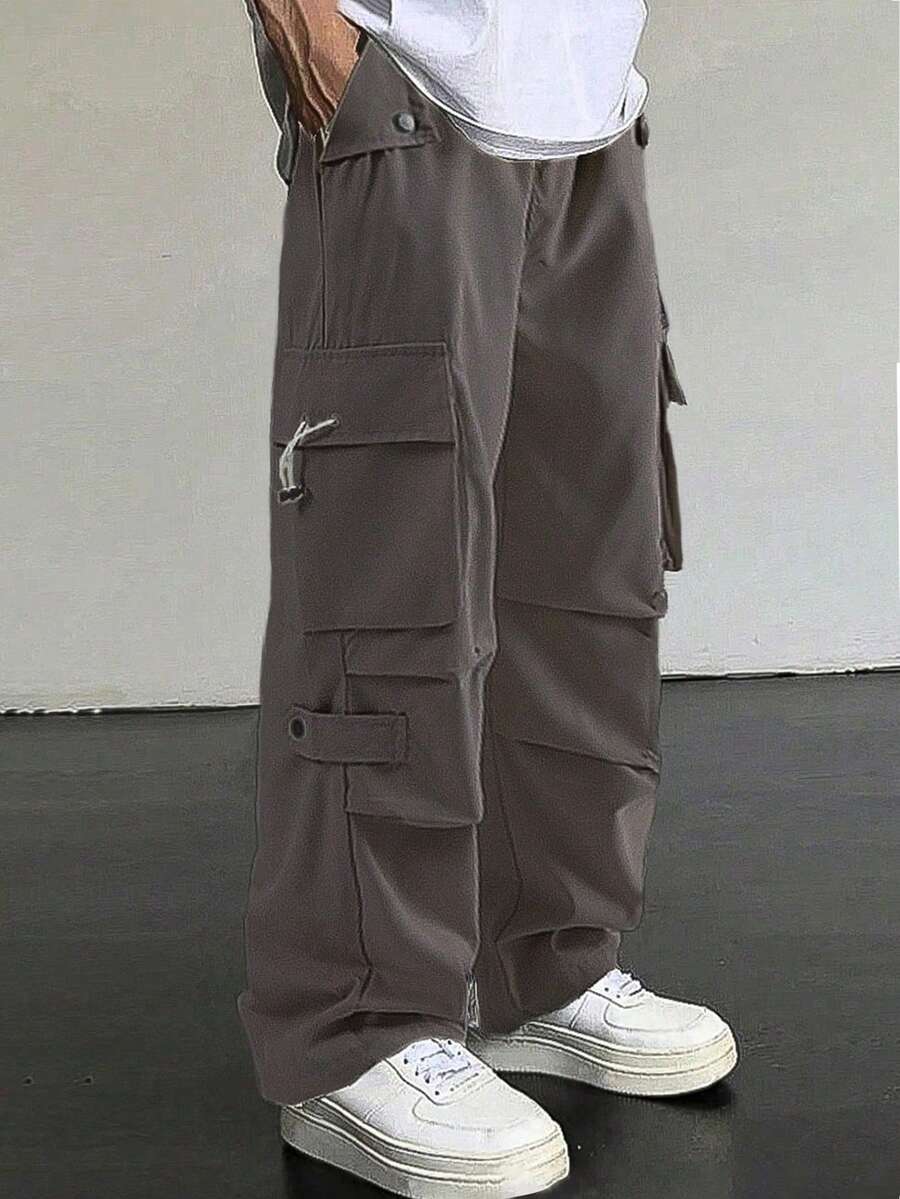 Manfinity Homme Men's Solid Color Casual Cargo Pants, Loose Fit With Pockets, Fashion - Coffee Brown - View 1