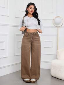 Quần denim ống rộng cạp cao có túi tiện dụng đa năng cho nữ - màu nâu - Xem 3