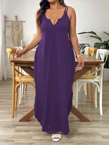 SHEIN Tall 优雅通勤及晚间休闲无袖V领宽松长连衣裙，面料舒适，百搭，黑色，大码，高挑款 - 紫色 - 查看 5