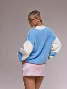 MUSERA 宽松针织撞色印花“Darling”套头衫，冬季可爱休闲舒适樱桃漆皮春季款 - 藍色 - 查看 4