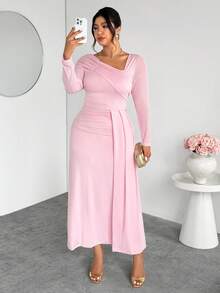 Firerie Đầm nữ cỡ lớn dáng suông, vạt bất đối xứng, xếp ly vai, kiểu dáng thanh lịch, tay dài, ôm xòe, phù hợp cho mùa xuân, hè, thu và đông. - Hồng - Xem 6