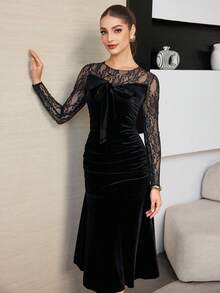 Modelyn Robe femme sexy en patchwork de dentelle noire et velours avec taille cintrée - Noir - Voir 3