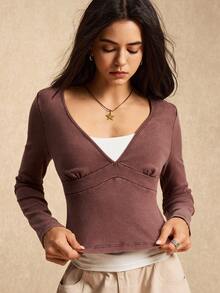 Easelle 女士棕色荷叶边下摆休闲长袖T恤 - 棕色 - 查看 7