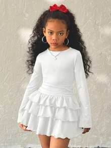 Coolane Kids Tween Giels Elegant Solid Color Ruffle Hem Black Long Sleeve Dress,Fall & Winter Dresses For Girls - White - View 5