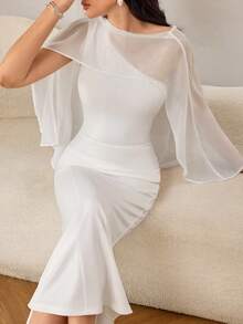 Modelyn Vestido largo ajustado de mujer con patchwork de gasa francesa - Blanco - Ver 6