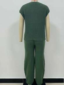 SHEIN LUNE 女士纯色简约日常短袖长裤宽松休闲毛衣套装 - 綠色 - 查看 2