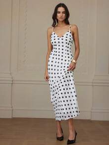 Revavyn 优雅波点雪纺深V领无袖连衣裙，适合工作和日常穿着。 - 黑與白 - 查看 4