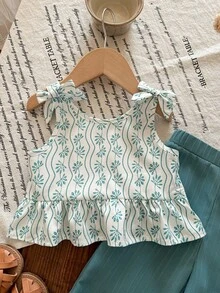 SHEIN 女宝宝度假休闲可爱吊带背心和松紧腰裤套装 - 綠色 - 查看 5