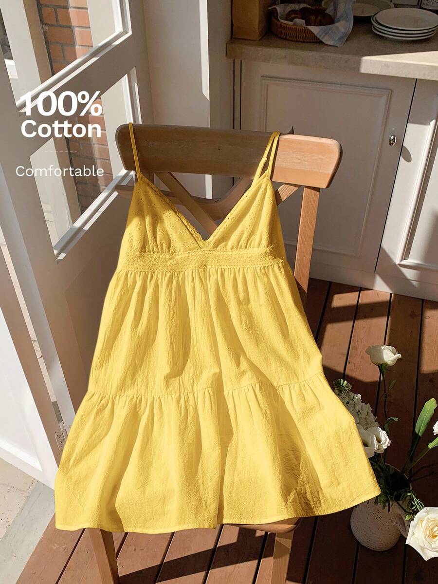 Comfortcana 女士淡黄色编织细肩带连衣裙 - 黃色 - 查看 1