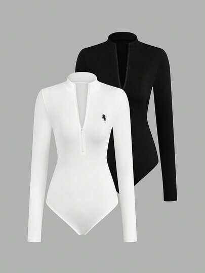 Sweetra Plus Size 2pcs/Set Bodysuit, Casual Long Sleeve Bodysuit, Versatile All-Match