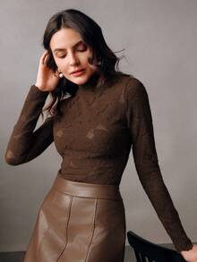 Anewsta Elegant Fashionable Sexy Versatile Fitted Sheer Textured Lace Long Sleeve Undershirt, Suitable For Fall, Winter, Spring, New Year, Party, Wedding - Coffee Brown - View 5