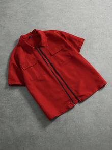 PAVTROS 男士休闲百搭纯色短袖衬衫 - 紅色 - 查看 3