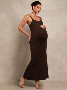 MaterniChic 孕妇纯色吊带串珠修身简约长裙 - 黑色 - 查看 3