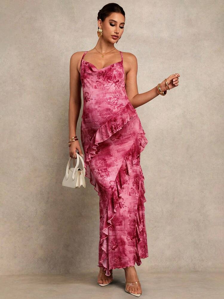 MaterniChic Maternity Floral Print Patchwork Ruffle Trim Fitted Elegant Camisole Dress - Hot Pink - View 5