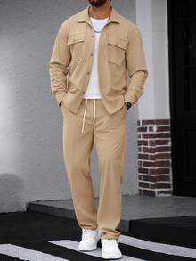 Manfinity CasualCool 男士灯芯绒工作衬衫两件套 - 卡其色 - 查看 5