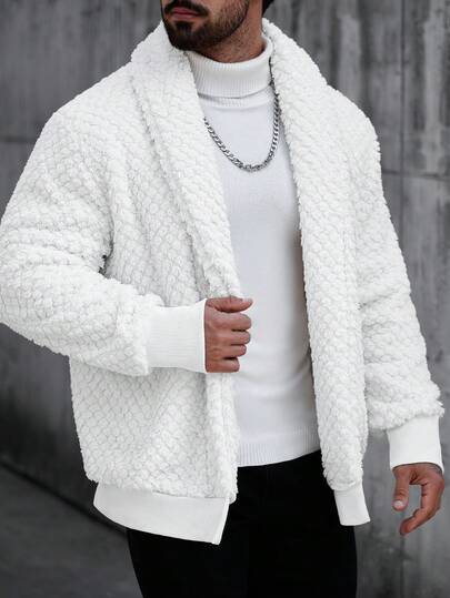 Manfinity Homme Men's Casual Plush Long Sleeve Jacket, Everyday Outerwear,Daily Leisure, Weekend Trips, Outdoor Activities, Travel Expeditions, Relaxed Work Environments Or Semi-Formal Occasions, Boyfriend/Husband Gift, Anniversary /Birthday Gift Party Summer Vacation Holiday New Years Wedding Valentine's Day         White Jacket Men Knit Wear Men