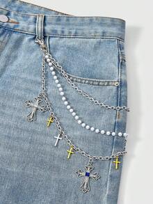 Silver Diamond Hollow Cross Pearl Chain Triple Chain Trouser Chain