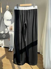 SHEIN EZwear 大尺碼女款數字印花抽繩腰寬腿休閒牛仔褲，適合返校、騎行、辦公、正式場合與度假，黑白配色，秋季款 - 黑色 - 查看 2