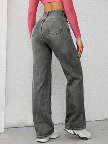 SHEIN EZwear 女士宽松直筒加厚口袋休闲牛仔裤，适合感恩节和圣诞节穿着。 - 灰色 - 查看 2