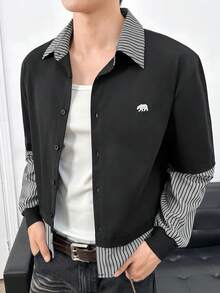 Manfinity BRENVOR Camisa casual de hombre con ajuste holgado, cuello con parche de color contrastante y botones abajo - Negro - Ver 2