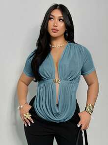Firerie Plus Size Elegant Casual Sexy Draped Neck Sleeveless Top With Metal Buckle Decor And Side Slit, Suitable For Spring/Summer Beach, Going Out Tops - Baby Blue - View 3