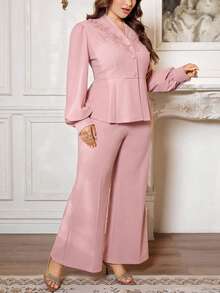 Firerie Plus Size Women 2pcs Set - Pink Lantern Sleeve Top And Pants, Elegant Outfit Suitable For Traditional Gatherings, Parties, Commute And Workplace Blouse And Pants Set Modest Two Piece Set Elegant 2 Piece Set Formal Two Piece Set - Dusty Pink - View 6