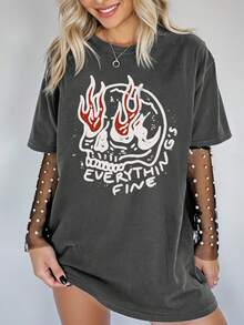 SHEIN EZwear 大码短袖圆领T恤，夏季时尚 - 深灰色 - 查看 1