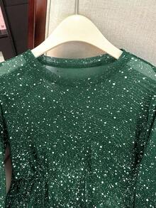 Franclia 女士弹力金属银色圆领长袖上衣 - 墨綠色 - 查看 3